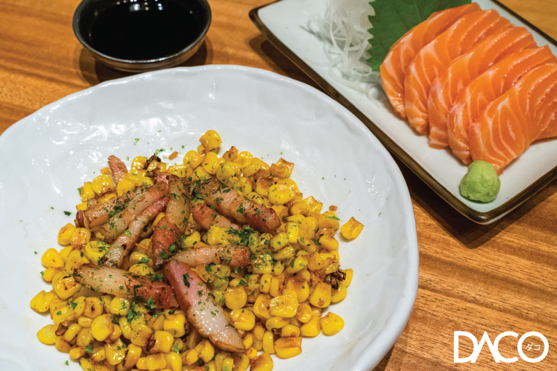 Salmon Sashimi และ Corn Butter with Bacon
